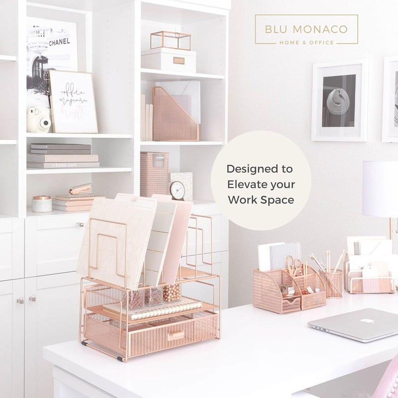Blu Monaco | Rose Gold Desk Organizer with Drawer | Metal Desk Organizer with File Sorters and Storage Compartments | Office Desk Organizer for Paper Folders and Supplies - Image 2